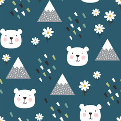 Cute hand drawn polar bear happy face with mountains and flowers on a deep blue background. Kawaii animals kids seamless pattern, fabric and textile print design