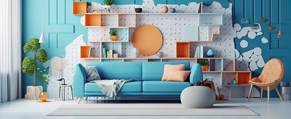 Moderno salon visto de frente con sofa azul  y estaterias de madera, tonosazulados y naranjas. Ilustracion de Ia generativa