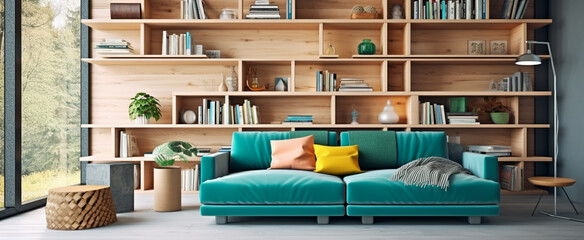 Moderno salon visto de frente con sofa y estaterias de madera, tonos verdes y amarillos. Ilustracion de Ia generativa