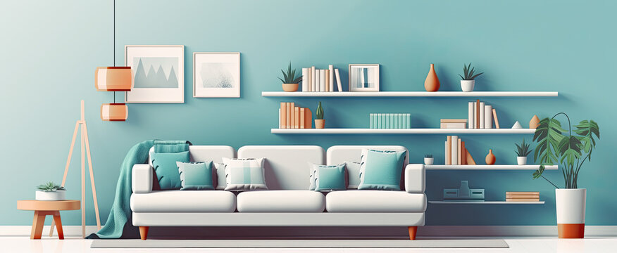 Moderno salon visto de frente con sofa  blanco y estaterias de madera, tonos blancos y verdes. Ilustracion de Ia generativa
