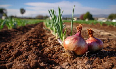 onion plantation in the vegetable garden agriculture - obrazy, fototapety, plakaty