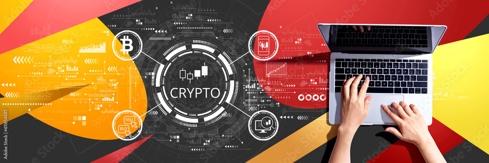 Aufkleber crypto trading theme with person using a laptop computer
