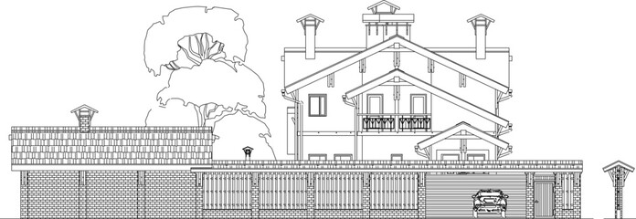Vector sketch illustration of a classic vintage 2 storey old house building in the royal century 