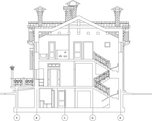 ector sketch illustration of a section classic vintage 2 storey old house building in the royal century