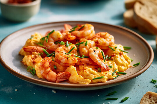 tasty scrambled breakfast eggs with shrimps, created with generative ai