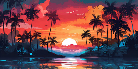 landscape beach palm trees with setting of sun art with paint colors peaceful tropical scenery background