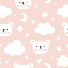 Polar bear on a pastel pink background in the sky with stars and clouds, kids cute animals woodland seamless pattern for wrapping paper, fabric and textile print