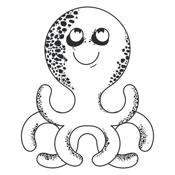 Smiling octopus, cartoon octopus with short tentacles, octopus outline, color octopus, black and white drawing