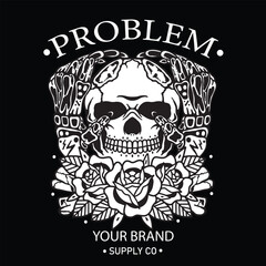 lots of trouble and flower dizzy skull Vecktor design illustration for t-shirt and branding