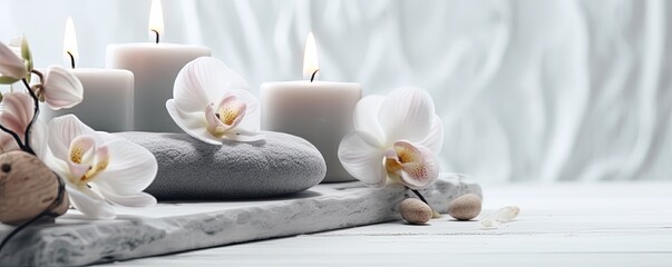 Beauty treatment items for spa procedures on white wooden table and marble wall. massage stones, essential oils and sea salt. candle, rolled up white towel, plants, copy space
