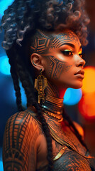 A woman with a tattoo on her face. Generative AI. African model with futuristic face paint.