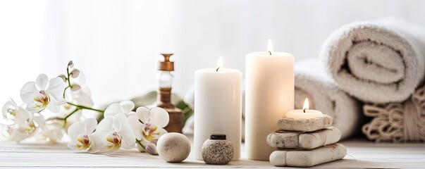 Fototapeta na wymiar Beauty treatment items for spa procedures on white wooden table and marble wall. massage stones, essential oils and sea salt. candle, rolled up white towel, plants, copy space