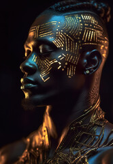 A close up of a person with gold paint on their face. Generative AI. African model with futuristic face paint.