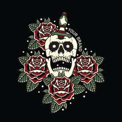 Vector illustration of a skull screaming in pain stabbed with a knife and flowers for t-shirts and brands
