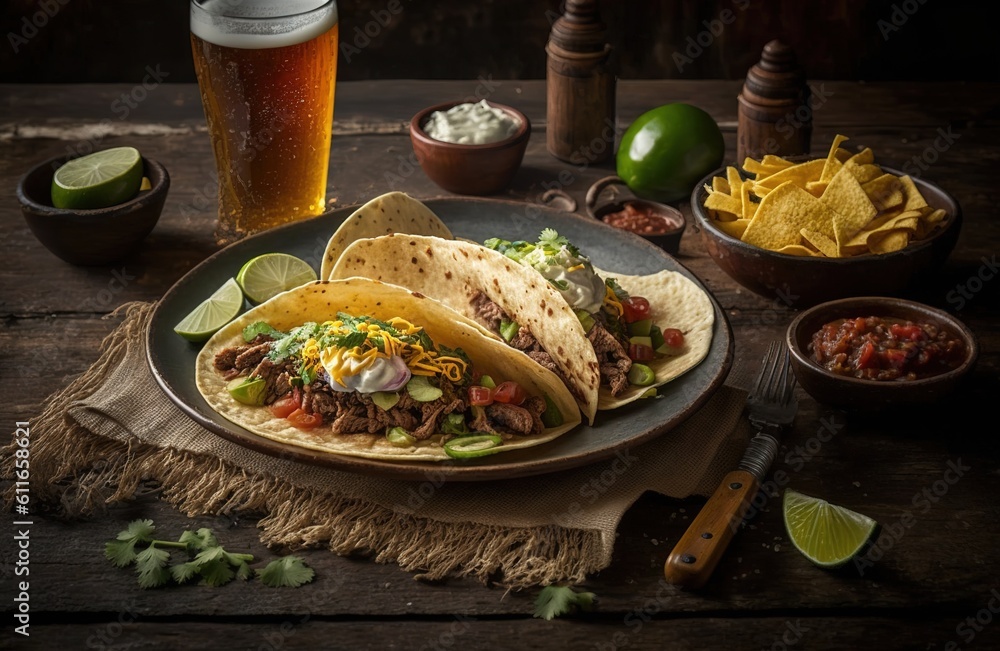 Poster tacos with a cold one make for a great supper. generative ai