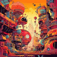 Naklejka na ściany i meble crazy illustration of a surreal chaotic and fictional city full of fantasy and colors, generative ai