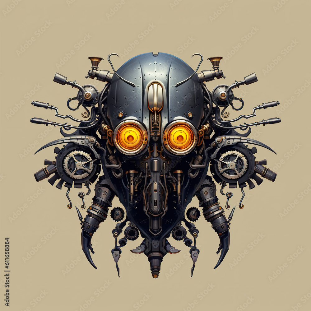 Poster a robot head with a lot of tools around it. generative ai.