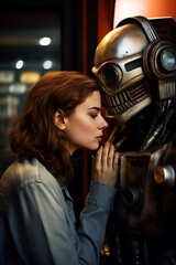 Fototapeta na wymiar Side view of young woman hugging and kissing with futuristic humanoid robot inside dark pub, concept of love with robot and androids, generative ai image