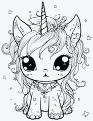 Unicorn coloring page for kids, Cute kawaii unicorn coloring page illustration, cartoon unicorn coloring book.