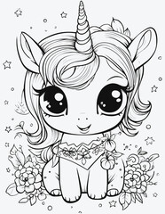 Unicorn coloring page for kids, Cute kawaii unicorn coloring page illustration, cartoon unicorn coloring book.