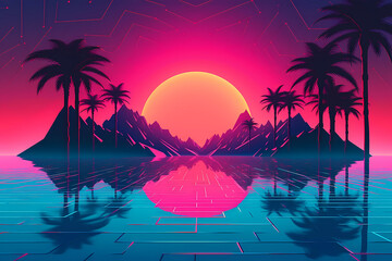 Fototapeta na wymiar abstract psychedelic neon vaporwave or synthwave beach with palm trees and sunset, created with generative ai