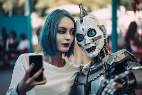 Couple of young woman and humanoid robot taking a selfie with a mobile phone during a fair in the city, punk style. Concept of relationships between human and robots, generative ai image.