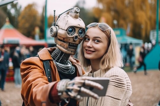 Couple of young woman and humanoid robot taking a selfie with a mobile phone during a fair in the city. Concept of relationships between human and androids or cyborgs, generative ai image.