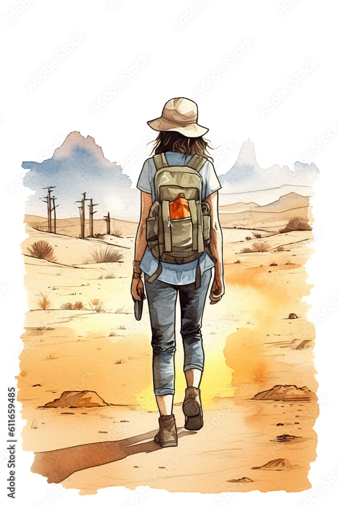 Wall mural a woman walking in the desert with a backpack. generative ai.