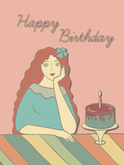 Postcard cute girl sitting with a cake, happy birthday, it's your day