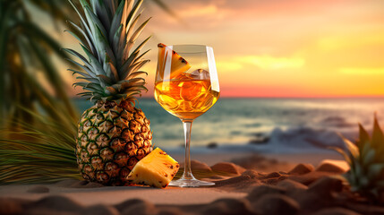 Glass with orange liqueur and pineapple pieces, background - sunset over the beach.