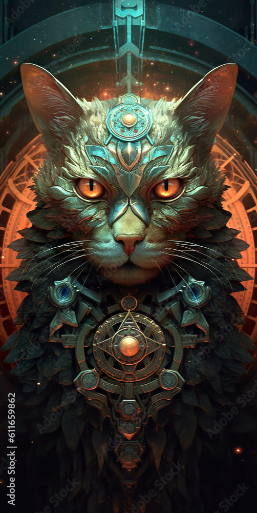 Poster a close up of a cat with a clock on it's face. generative ai.