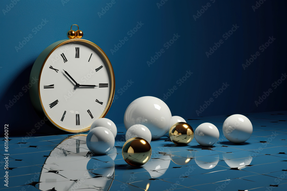 Poster a group of balls and a clock on a tiled floor. generative ai.