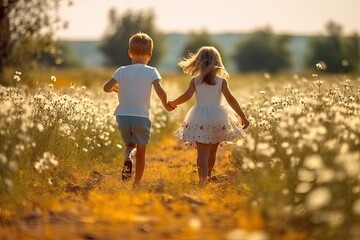 Back view of young children running over a blossoming meadow on a sunny summer day