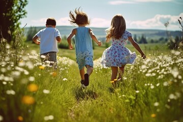 Back view of young children running over a blossoming meadow on a sunny summer day