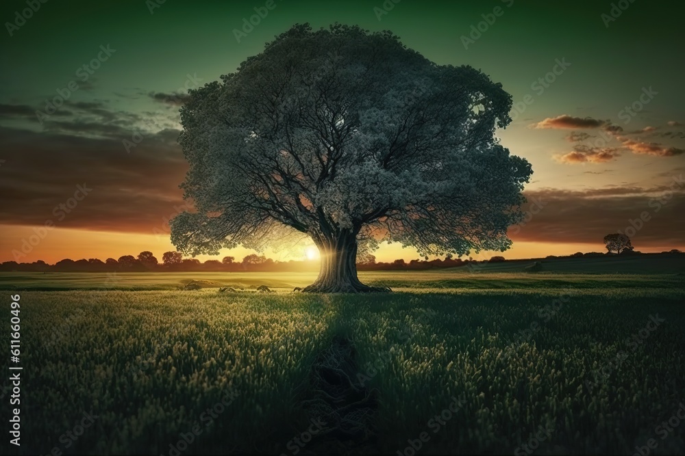 Poster grass with a green tree at dusk generative ai