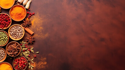 Spices on solid colro background flat with copy space
