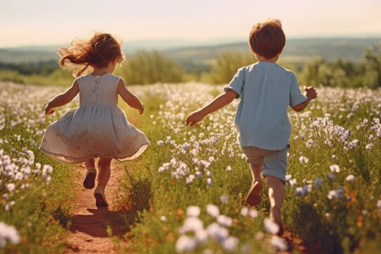 Back view of young children running over a blossoming meadow on a sunny summer day