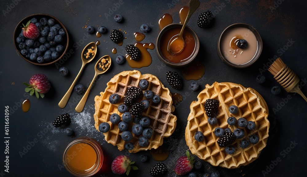 Poster honey and berries on belgian waffles. copy space space for text blueberry and hazelnut on a dark bac