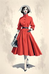 Fototapeta na wymiar vintage fashion illustration of woman in red belted coat dress in 50s 60s style, made with generative ai