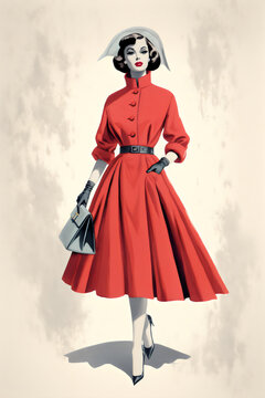 vintage fashion illustration of woman in red belted coat dress in 50s 60s style, made with generative ai