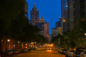 Fototapeta na wymiar Midtown Atlanta street during Blue Hour Sunset 
