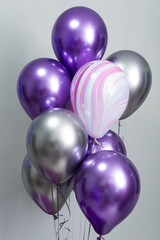 Silver chrome and purple balloon, a bunch of balloons on the background of the wall.