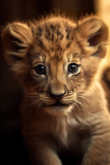 Fototapeta premium A close up of a small lion cub. Generative AI.