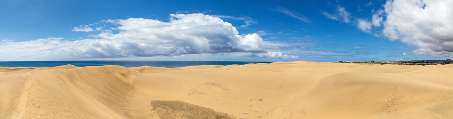 Fototapeta na wymiar Dünen von Maspalomas auf der Insel Gran Canaria an der Küste des atlantischen Ozeans, Panorama.
