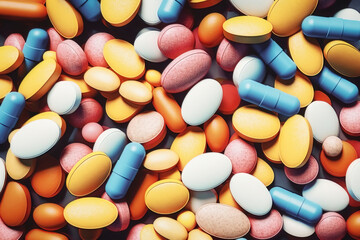 Full-frame top-down overhead shot of colorful variety of pharmaceutical pills in different colors and shapes - Generative AI
