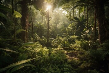 Fototapeta na wymiar Tropical forest with tall trees & wild animals. Generative AI