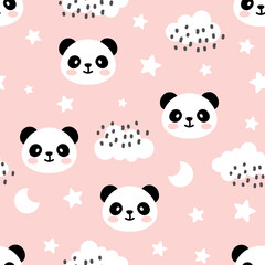 Adorable panda bear with stars and clouds on a pink baby girl seamless pattern background, kids cute woodland animals fabric and textile print design.