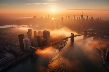 Naklejka na ściany i meble Aerial view of misty Brooklyn Bridge at sunrise in New York City skyline panorama over East River. Generative AI