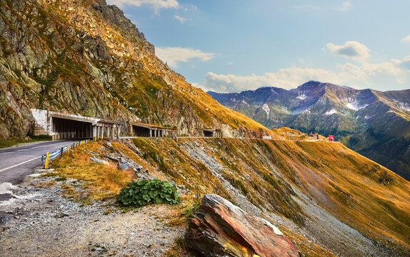 Panoramic mountain road Transfagarasan highway, the most beautiful road in Europe, Romania (Transfagarash) Ridge Fagaras. Scenic view at canyon in Carpathian mountains, Transylvania. Sunset sky clouds