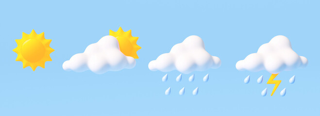 Fototapeta na wymiar Icon set of 3d weather conditions, meteorology A lovely realistic icon pack of weather. On a blue background. 3D illustration.